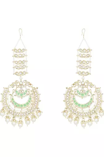 Gold Plated Traditional Kundan Hanging Pearl Earrings Attachable Ear Chain For Women/Girls (E3161Min)