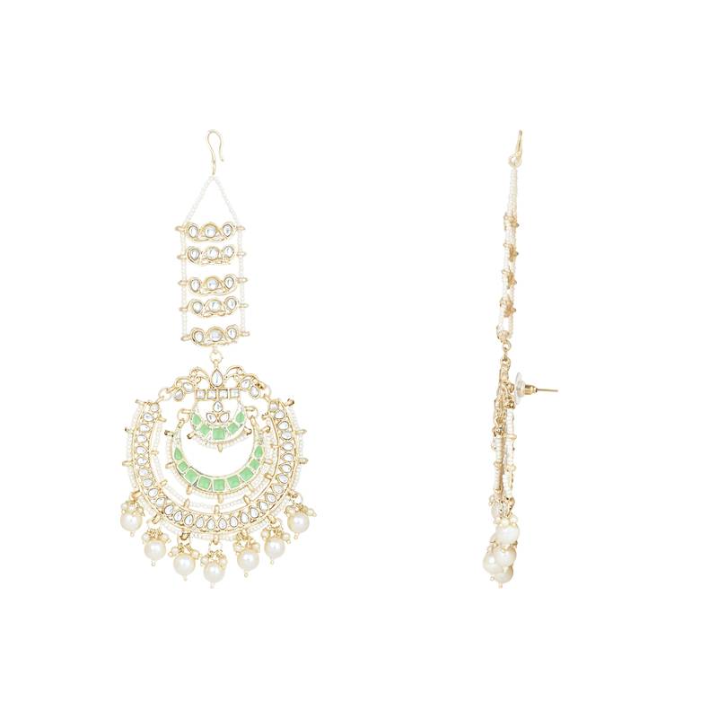 Gold Plated Traditional Kundan Hanging Pearl Earrings Attachable Ear Chain For Women/Girls (E3161Min)