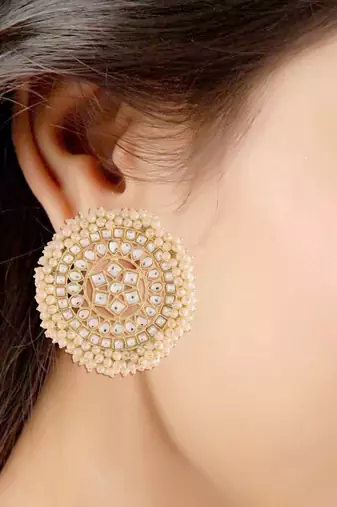 Gold Plated Kundan Pearl Stud Earrings for Women 
