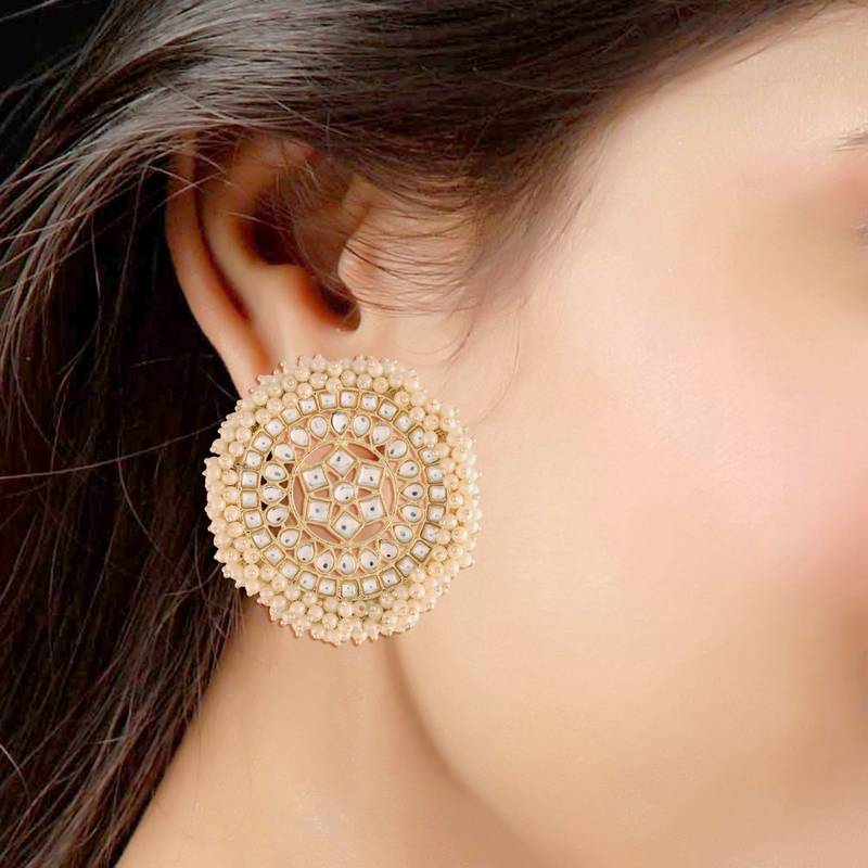 Gold Plated Kundan Pearl Stud Earrings for Women 