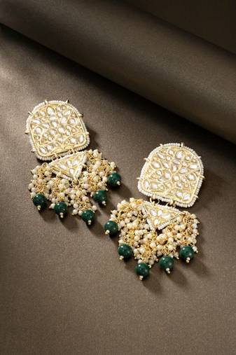 Gold Plated Kundan Pearl & Beades Studded Dangle Earrings for Women 