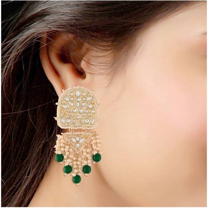 Gold Plated Kundan Pearl & Beades Studded Dangle Earrings for Women 