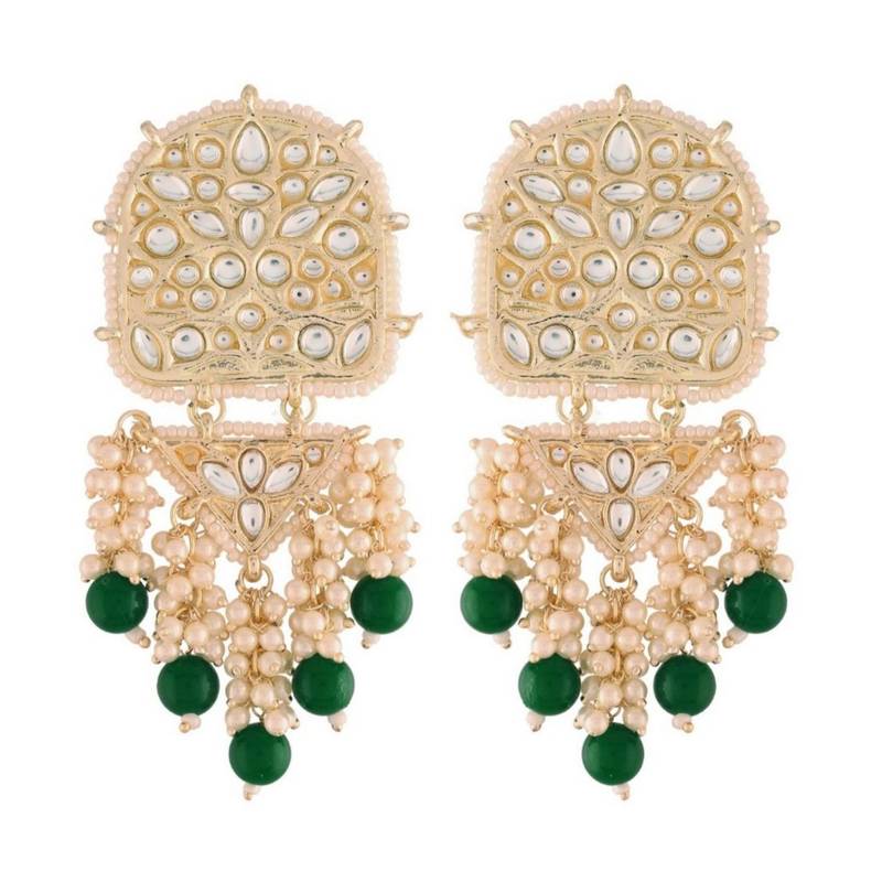 Gold Plated Kundan Pearl & Beades Studded Dangle Earrings for Women 
