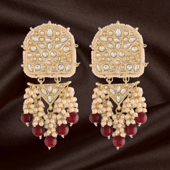 Gold Plated Kundan Pearl & Beades Studded Dangle Earrings for Women  1