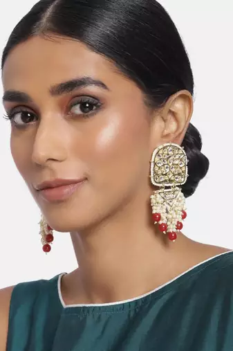 Gold Plated Kundan Pearl & Beades Studded Dangle Earrings for Women 