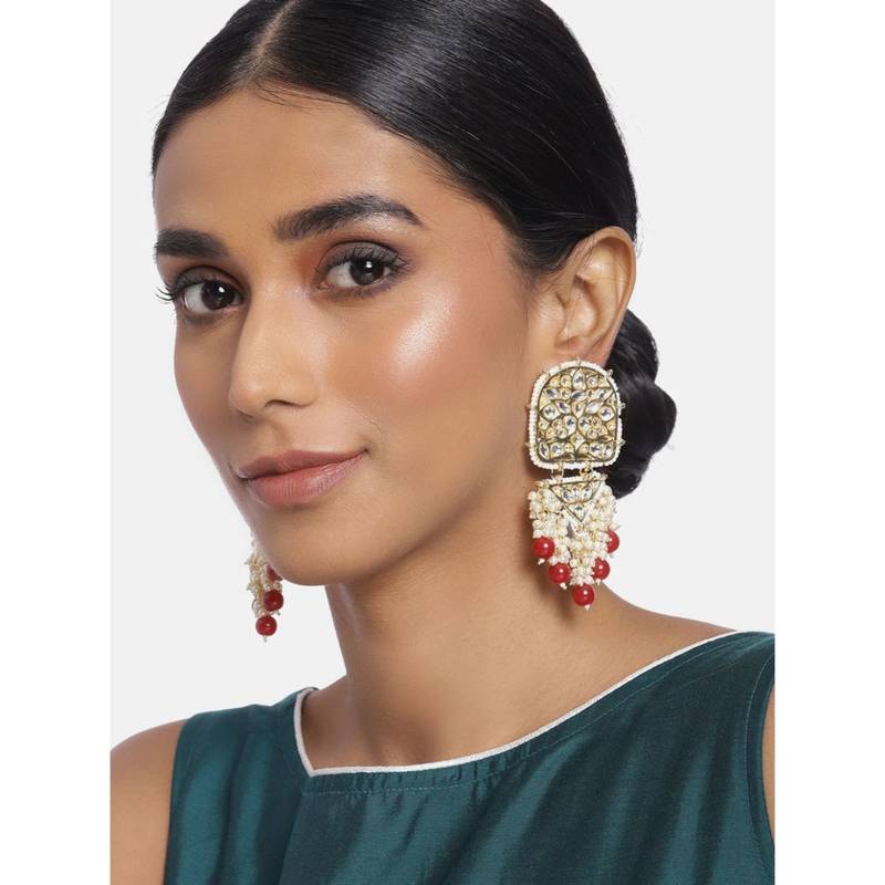 Gold Plated Kundan Pearl & Beades Studded Dangle Earrings for Women 