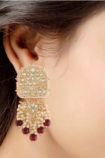 Gold Plated Kundan Pearl & Beades Studded Dangle Earrings for Women 