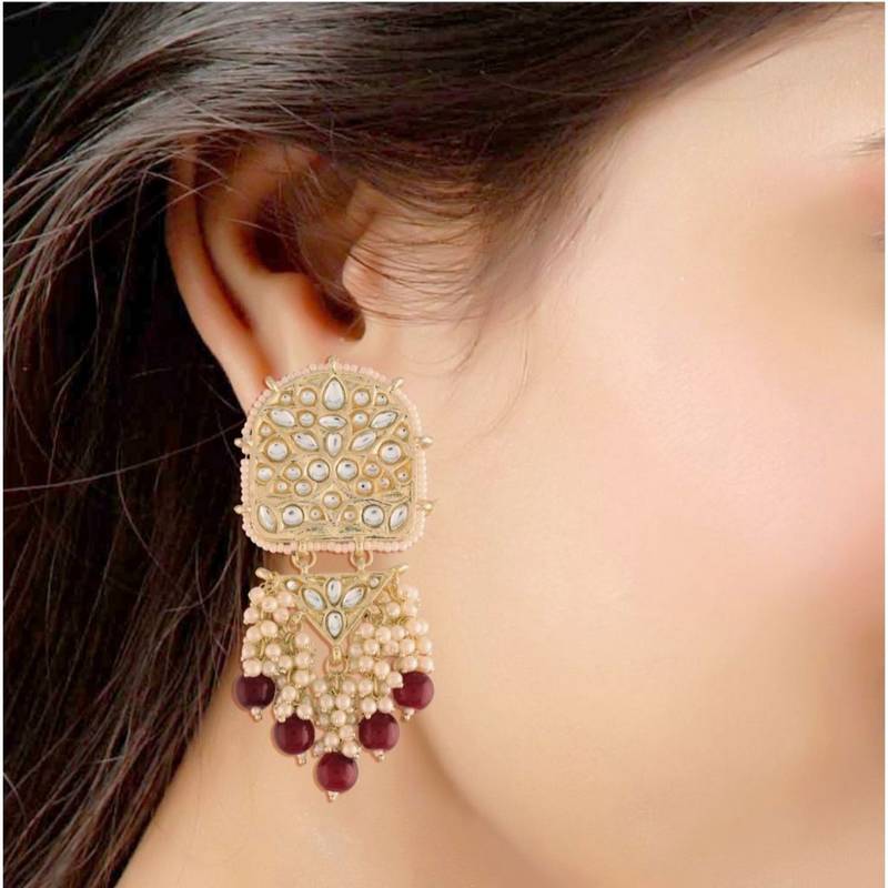 Gold Plated Kundan Pearl & Beades Studded Dangle Earrings for Women 