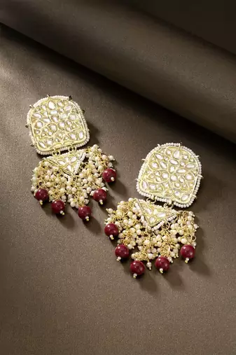 Gold Plated Kundan Pearl & Beades Studded Dangle Earrings for Women 