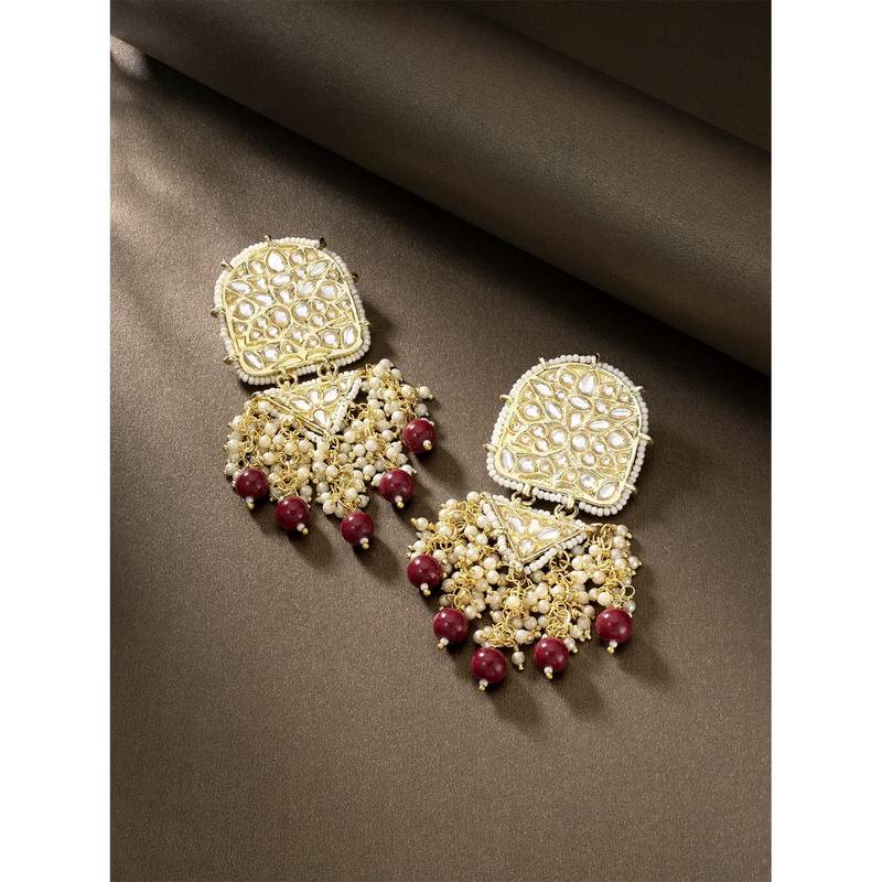 Gold Plated Kundan Pearl & Beades Studded Dangle Earrings for Women 