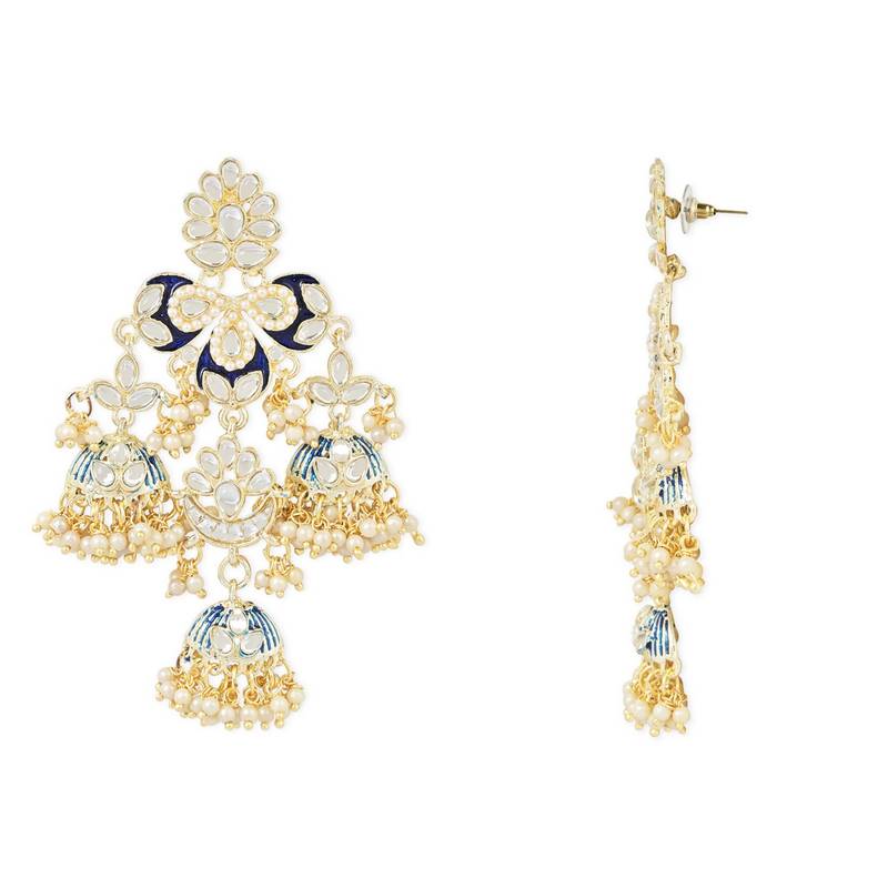 Gold Plated Kundan Pearl Studded Jhumki Dangle Earrings for Women 