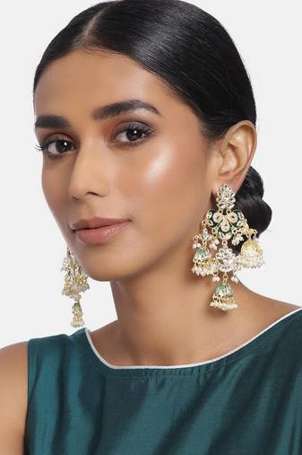 Gold Plated Kundan Pearl Studded Jhumki Dangle Earrings for Women 