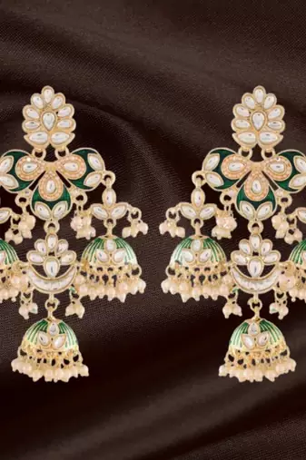 Gold Plated Kundan Pearl Studded Jhumki Dangle Earrings for Women 
