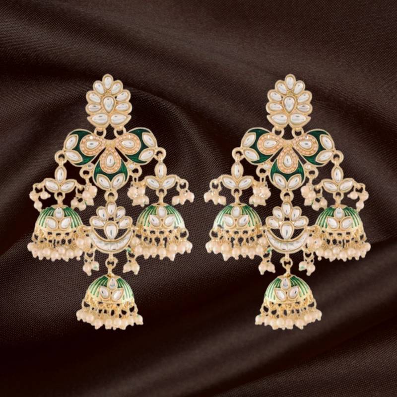 Gold Plated Kundan Pearl Studded Jhumki Dangle Earrings for Women 