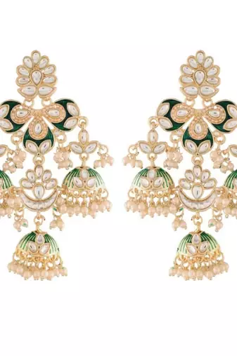 Gold Plated Kundan Pearl Studded Jhumki Dangle Earrings for Women 