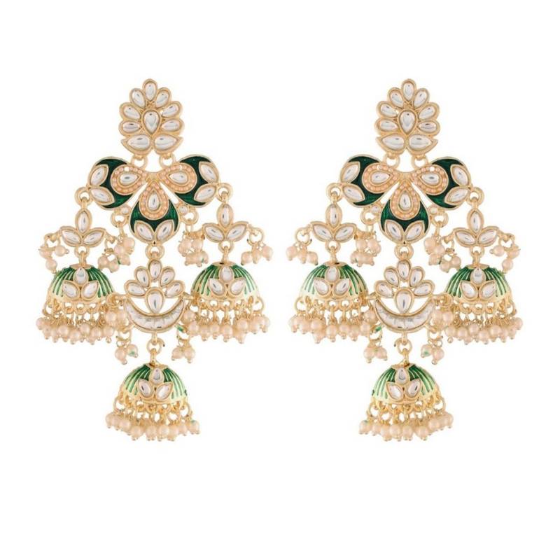 Gold Plated Kundan Pearl Studded Jhumki Dangle Earrings for Women 