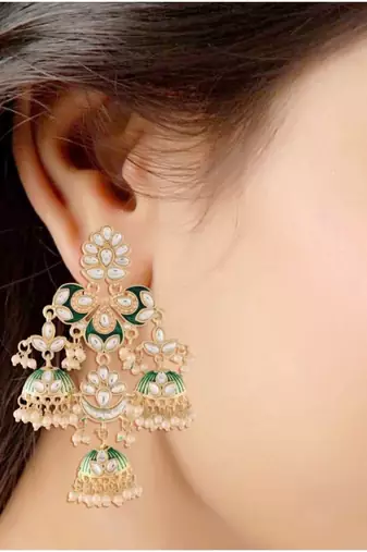 Gold Plated Kundan Pearl Studded Jhumki Dangle Earrings for Women 