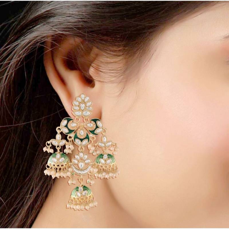 Gold Plated Kundan Pearl Studded Jhumki Dangle Earrings for Women 