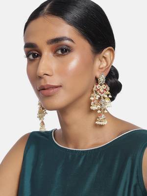 Gold Plated Kundan Pearl Studded Jhumki Dangle Earrings for Women  1