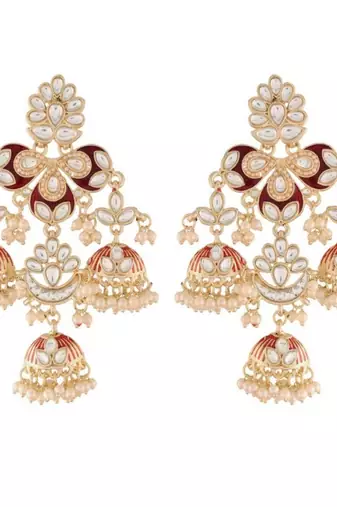 Gold Plated Kundan Pearl Studded Jhumki Dangle Earrings for Women 