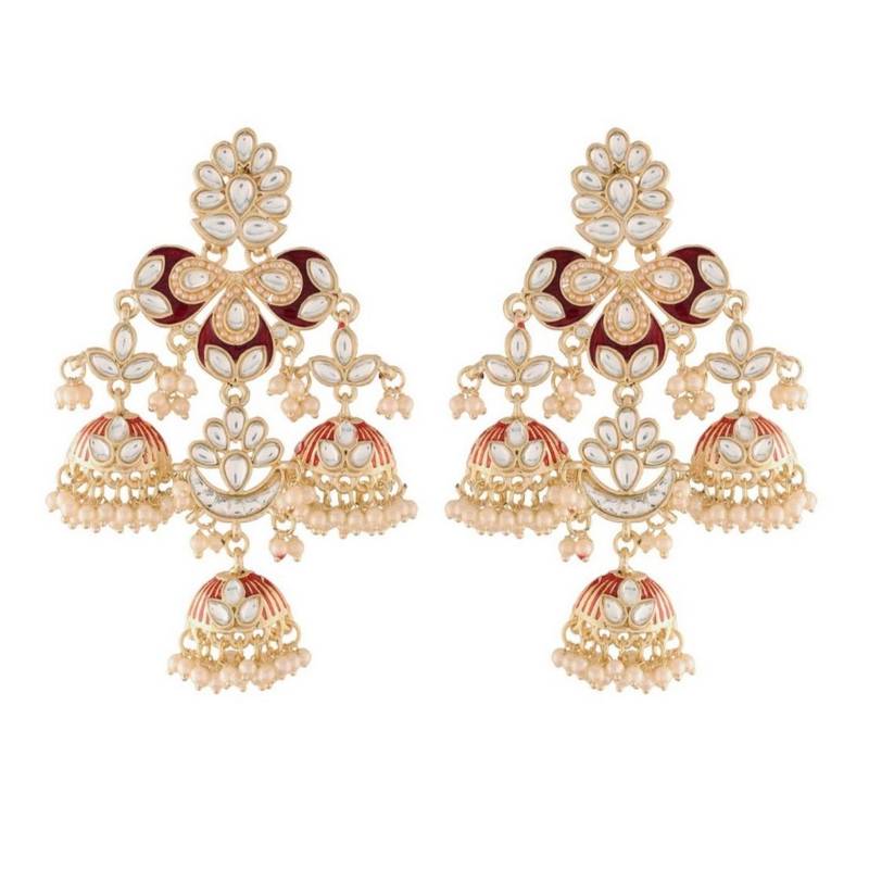 Gold Plated Kundan Pearl Studded Jhumki Dangle Earrings for Women 