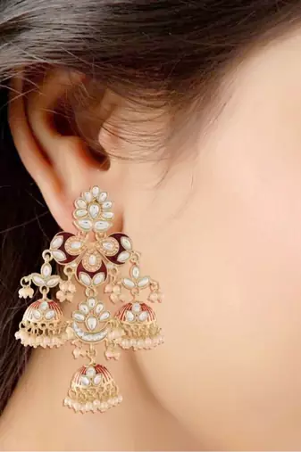 Gold Plated Kundan Pearl Studded Jhumki Dangle Earrings for Women 