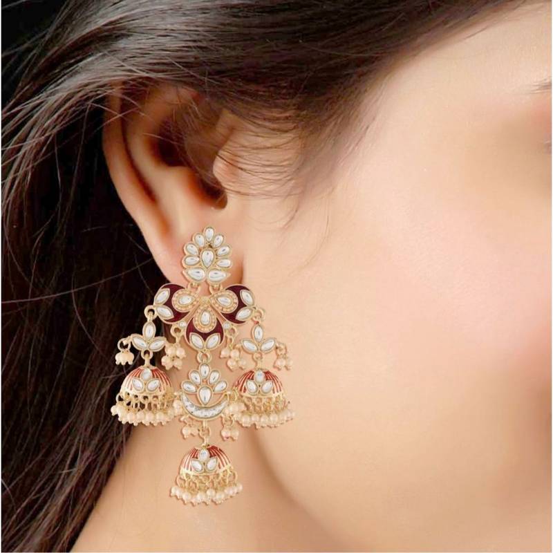 Gold Plated Kundan Pearl Studded Jhumki Dangle Earrings for Women 