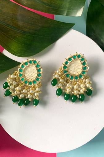Gold Plated Traditional Kundan Studded Pearl Drop Earrings For Women/Girls 