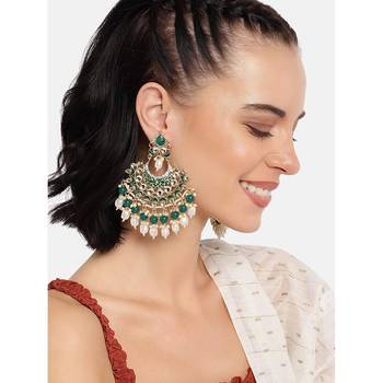 Gold Plated, Enamel Kundan Stones & Pearl Earrings For Women 1