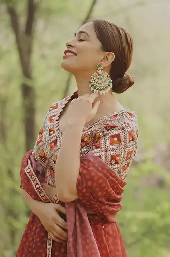 Gold Plated, Enamel Kundan Stones & Pearl Earrings For Women