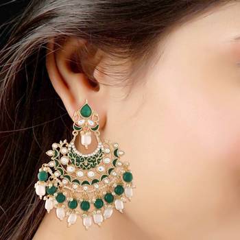 Gold Plated, Enamel Kundan Stones & Pearl Earrings For Women 3