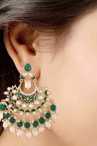 Gold Plated, Enamel Kundan Stones & Pearl Earrings For Women