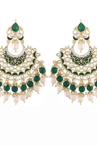 Gold Plated, Enamel Kundan Stones & Pearl Earrings For Women