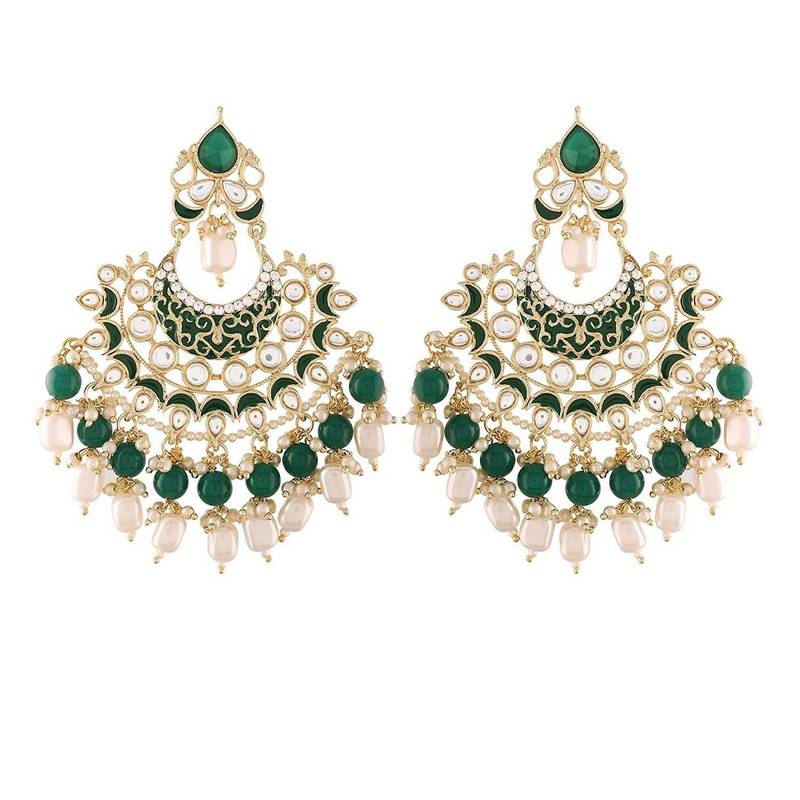 Gold Plated, Enamel Kundan Stones & Pearl Earrings For Women