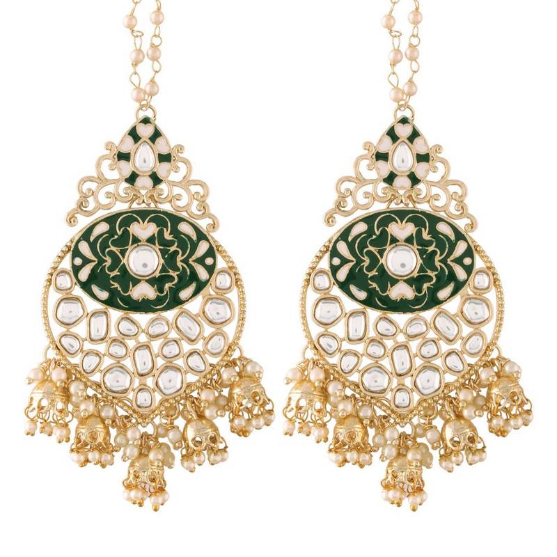 Gold Plated Intricately Designed Traditional Earrings with Detachable Hair Chain Encased With Kundans & Pearls