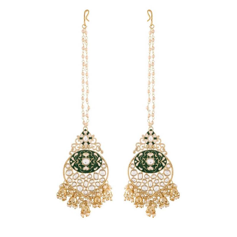 Gold Plated Intricately Designed Traditional Earrings with Detachable Hair Chain Encased With Kundans & Pearls