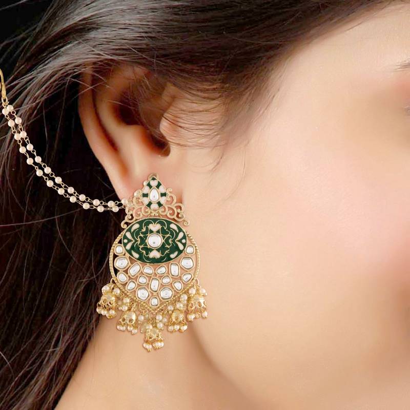 Gold Plated Intricately Designed Traditional Earrings with Detachable Hair Chain Encased With Kundans & Pearls