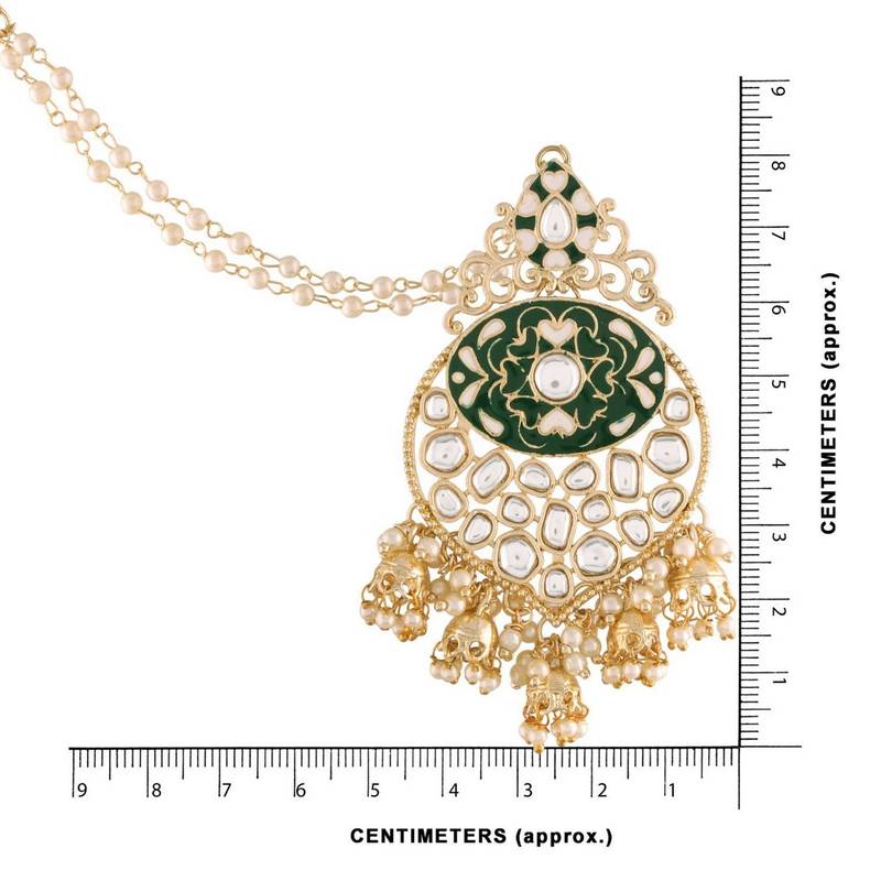 Gold Plated Intricately Designed Traditional Earrings with Detachable Hair Chain Encased With Kundans & Pearls