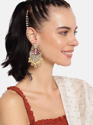 Gold Plated Intricately Designed Traditional Earrings with Detachable Hair Chain Encased With Kundans & Pearls 1