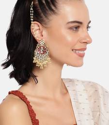 Gold Plated Intricately Designed Traditional Earrings with Detachable Hair Chain Encased With Kundans & Pearls