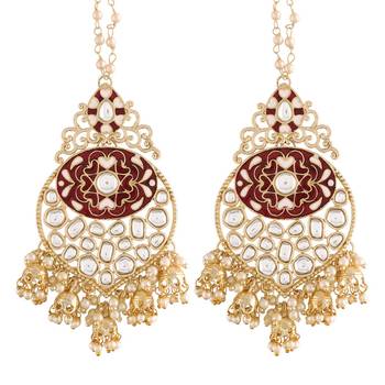 Gold Plated Intricately Designed Traditional Earrings with Detachable Hair Chain Encased With Kundans & Pearls 2
