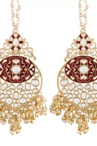 Gold Plated Intricately Designed Traditional Earrings with Detachable Hair Chain Encased With Kundans & Pearls