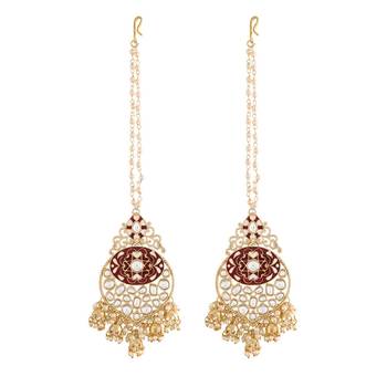 Gold Plated Intricately Designed Traditional Earrings with Detachable Hair Chain Encased With Kundans & Pearls 3