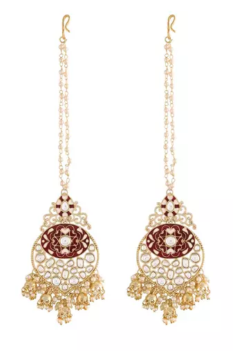 Gold Plated Intricately Designed Traditional Earrings with Detachable Hair Chain Encased With Kundans & Pearls