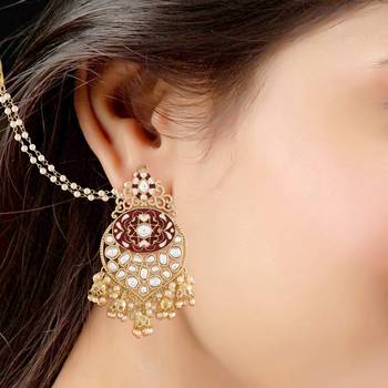 Gold Plated Intricately Designed Traditional Earrings with Detachable Hair Chain Encased With Kundans & Pearls 4