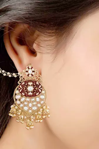 Gold Plated Intricately Designed Traditional Earrings with Detachable Hair Chain Encased With Kundans & Pearls