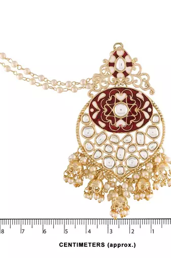 Gold Plated Intricately Designed Traditional Earrings with Detachable Hair Chain Encased With Kundans & Pearls