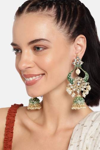 Gold Plated Intricately Designed Traditional Enamel Glided With Kundans & Pearls Jumka Earrings