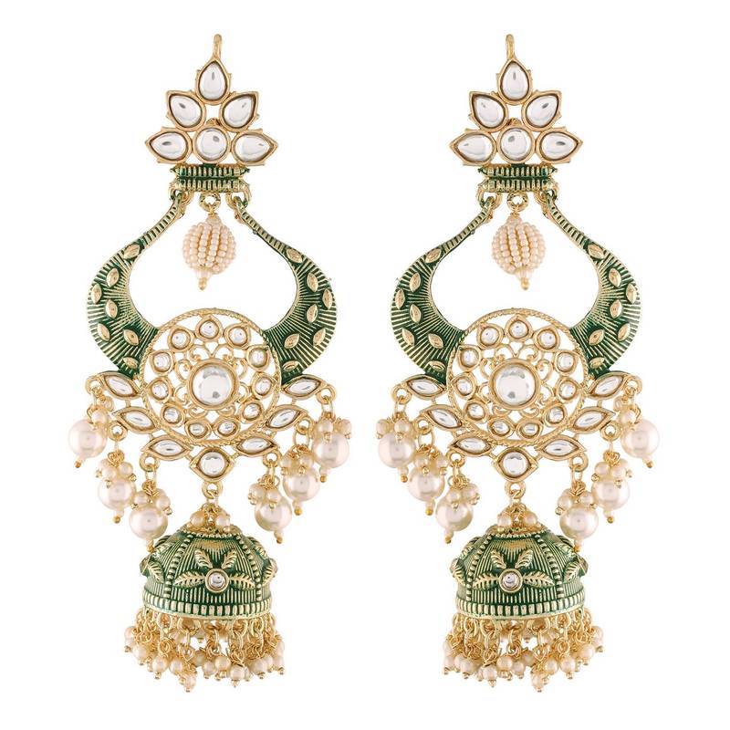 Gold Plated Intricately Designed Traditional Enamel Glided With Kundans & Pearls Jumka Earrings