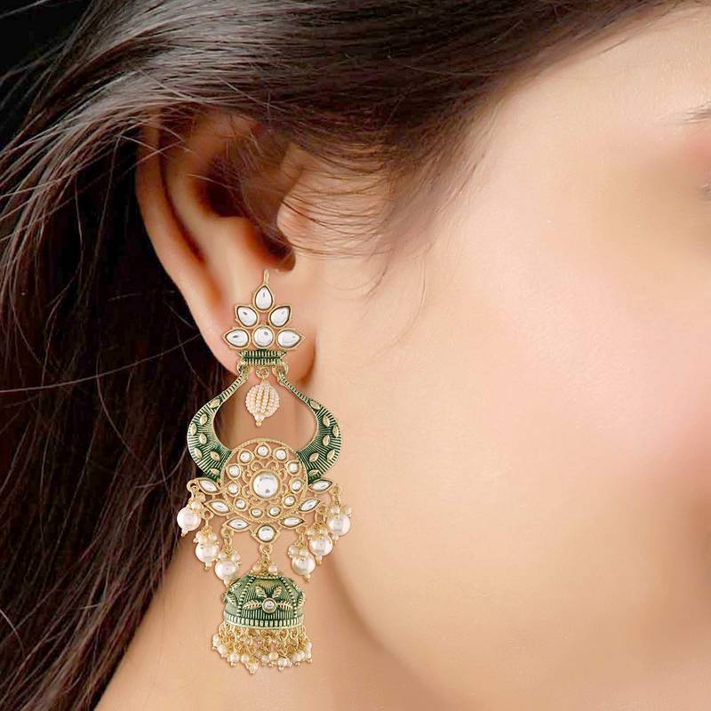 Gold Plated Intricately Designed Traditional Enamel Glided With Kundans & Pearls Jumka Earrings